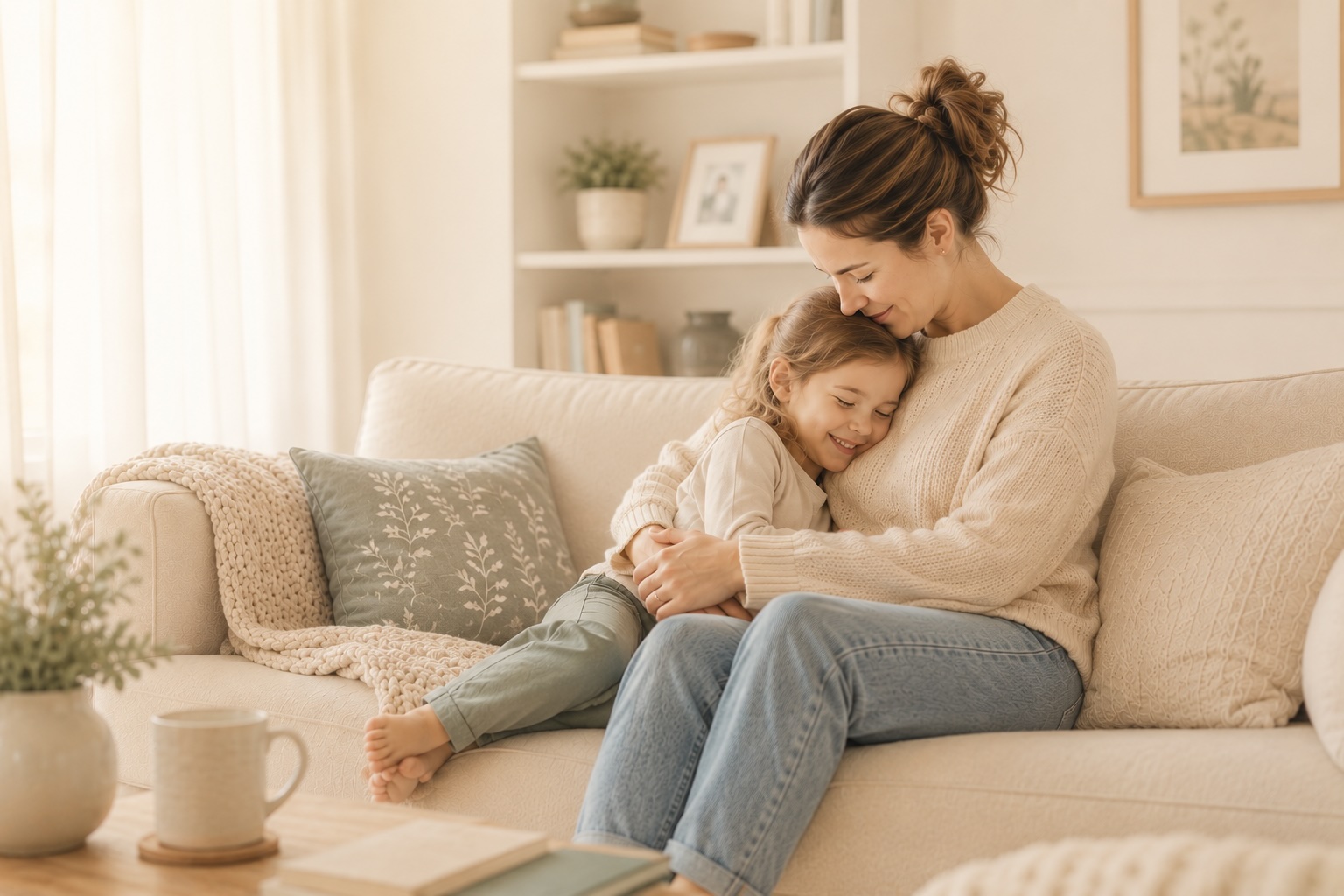 A mother and her daughter curled up together on the couch