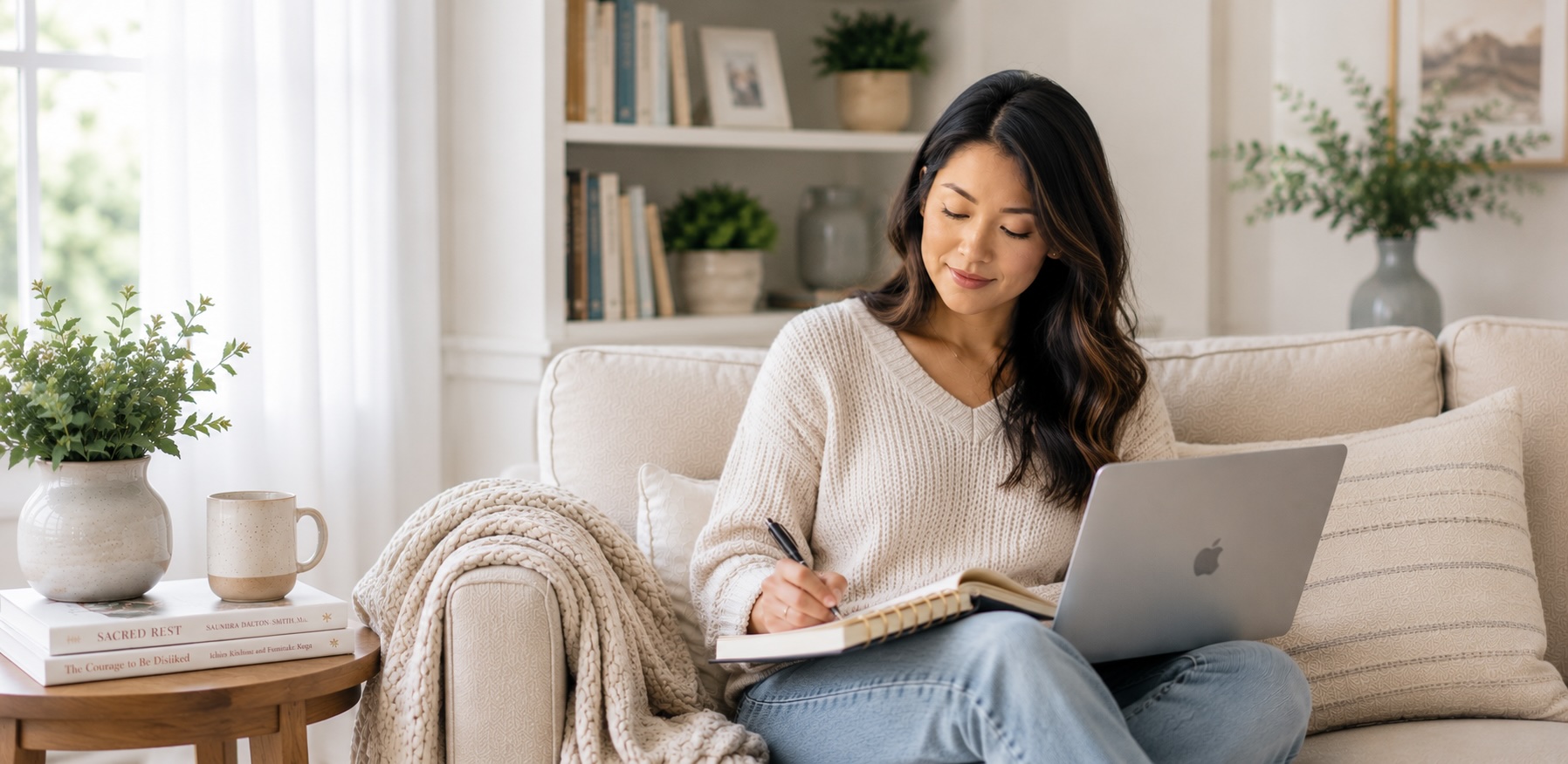 A mother sitting on her couch with a laptop and a notebook, working through the course