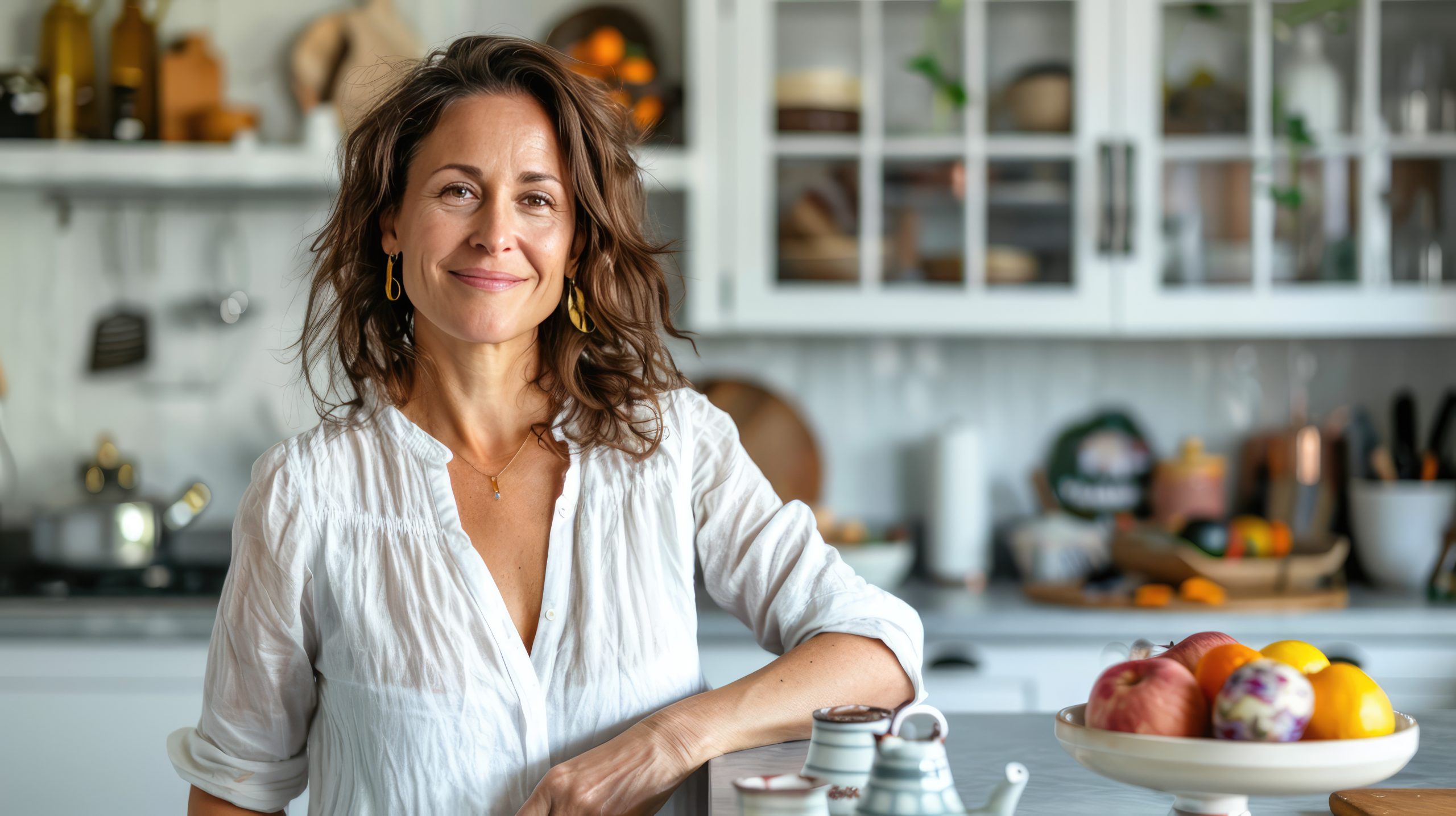 A confident woman standing in her kitchen