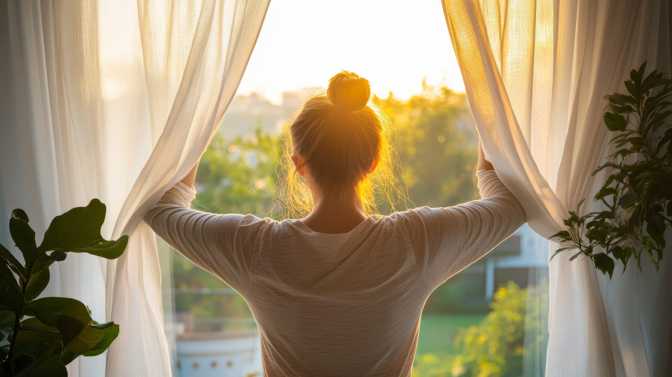 A woman opening her curtains to the morning light