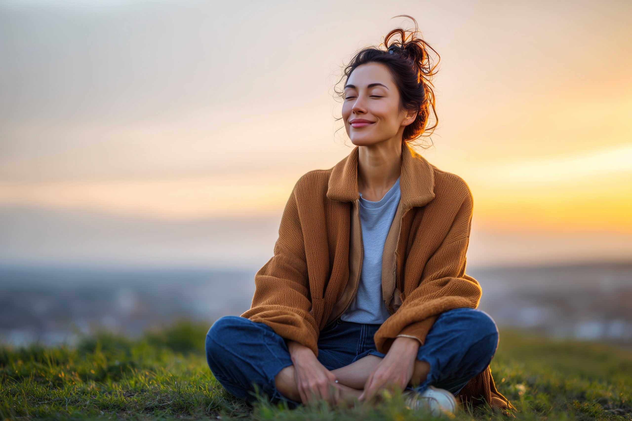 A woman sitting calmly on a hillside at sunset